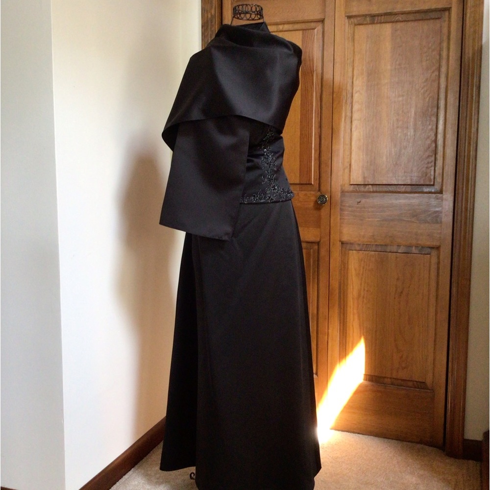 Alexia Designs Black Satin Evening Gown with Draped Shawl